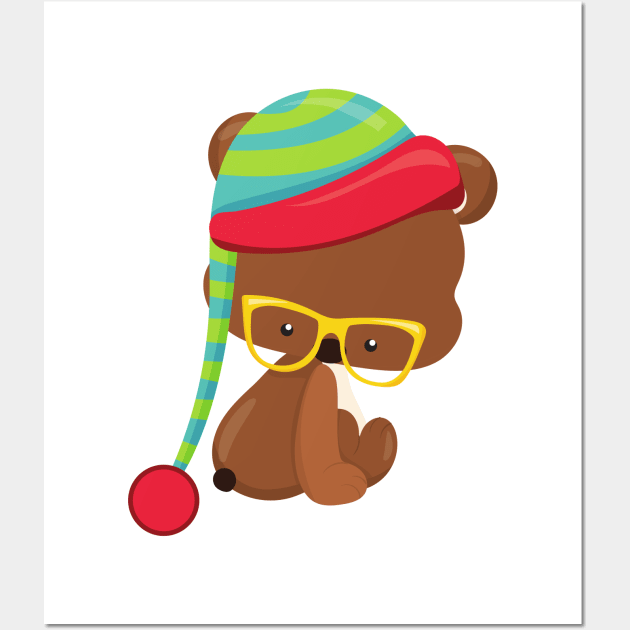 Winter Bear, Hipster Bear, Bear With Glasses, Hat Wall Art by Jelena Dunčević